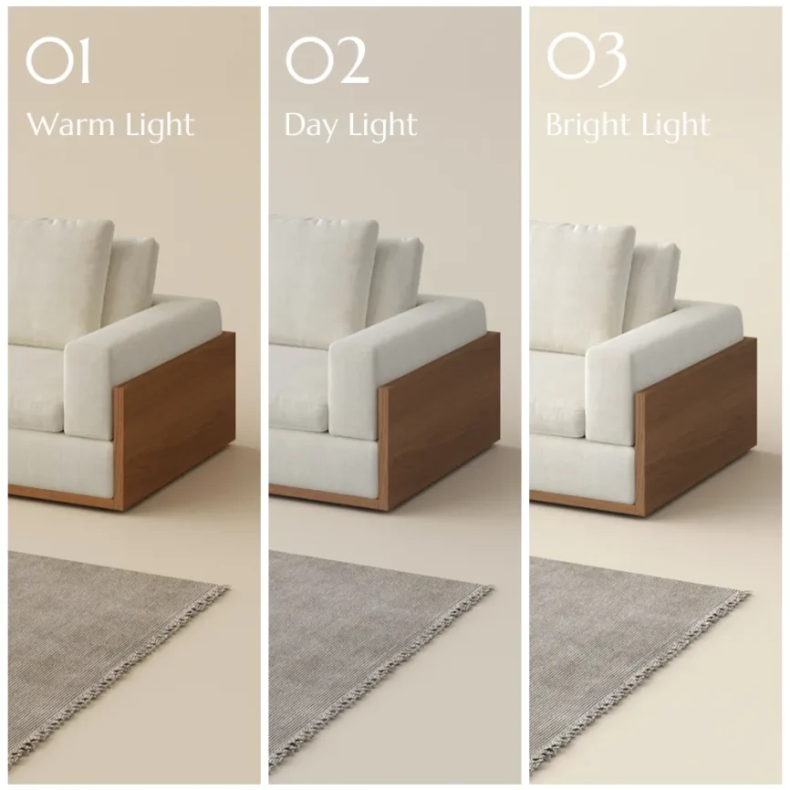 A minimalist white upholstered sofa with a wooden base anchors this stylish living room.