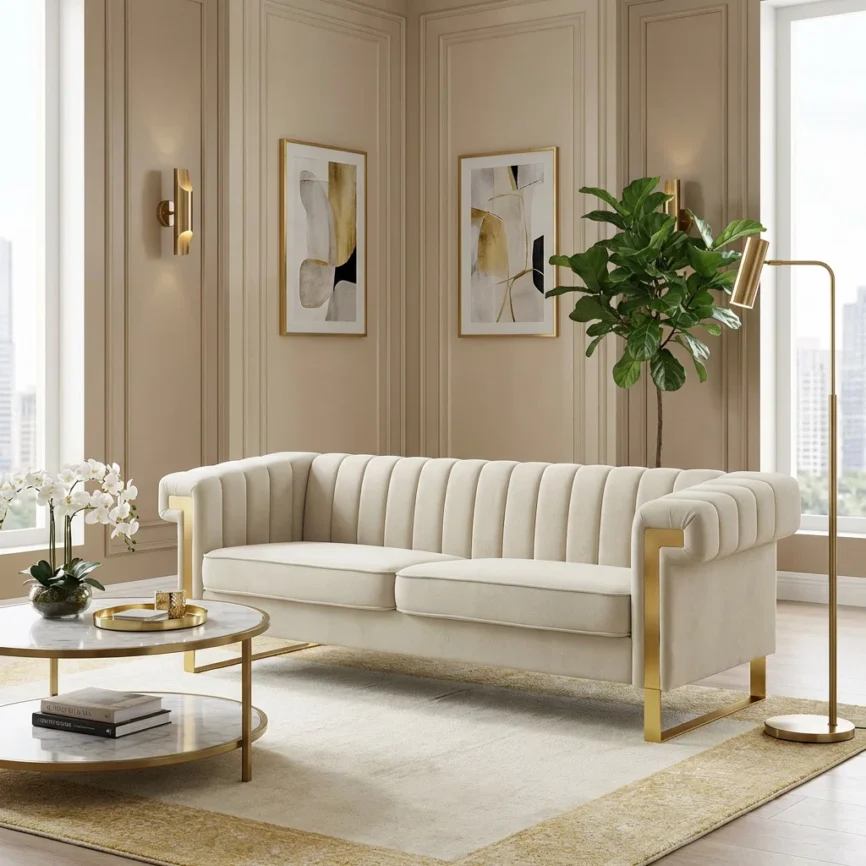 Modern cream velvet 3-seater sofa with vertical channel tufting, square arms, gold metal legs, and two removable seat cushions in a contemporary living room.