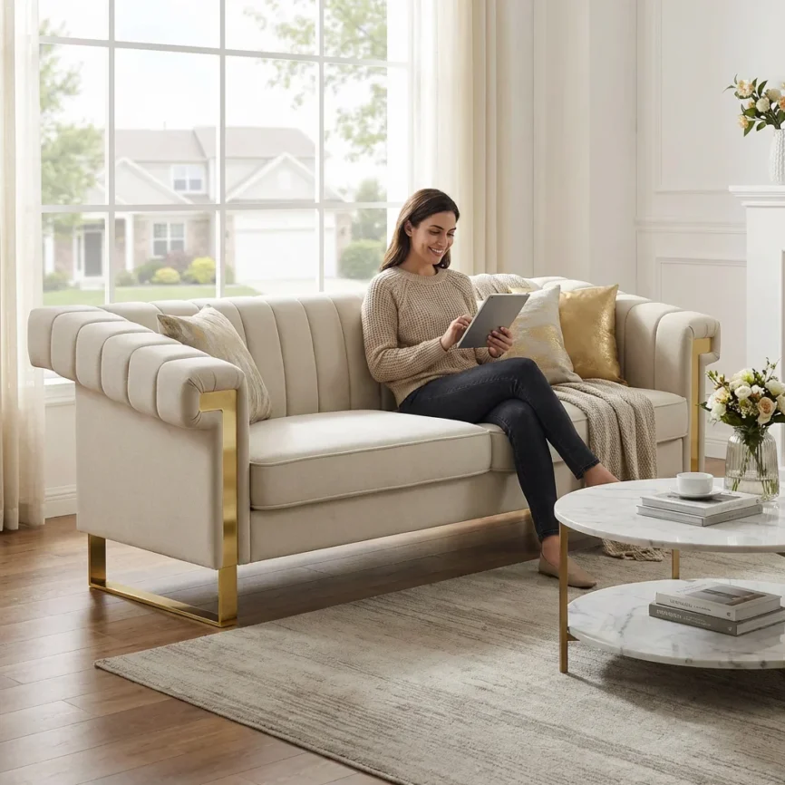 Modern cream velvet 3-seater sofa with vertical channel tufting, square arms, gold metal legs, and two removable seat cushions in a contemporary living room. Description: