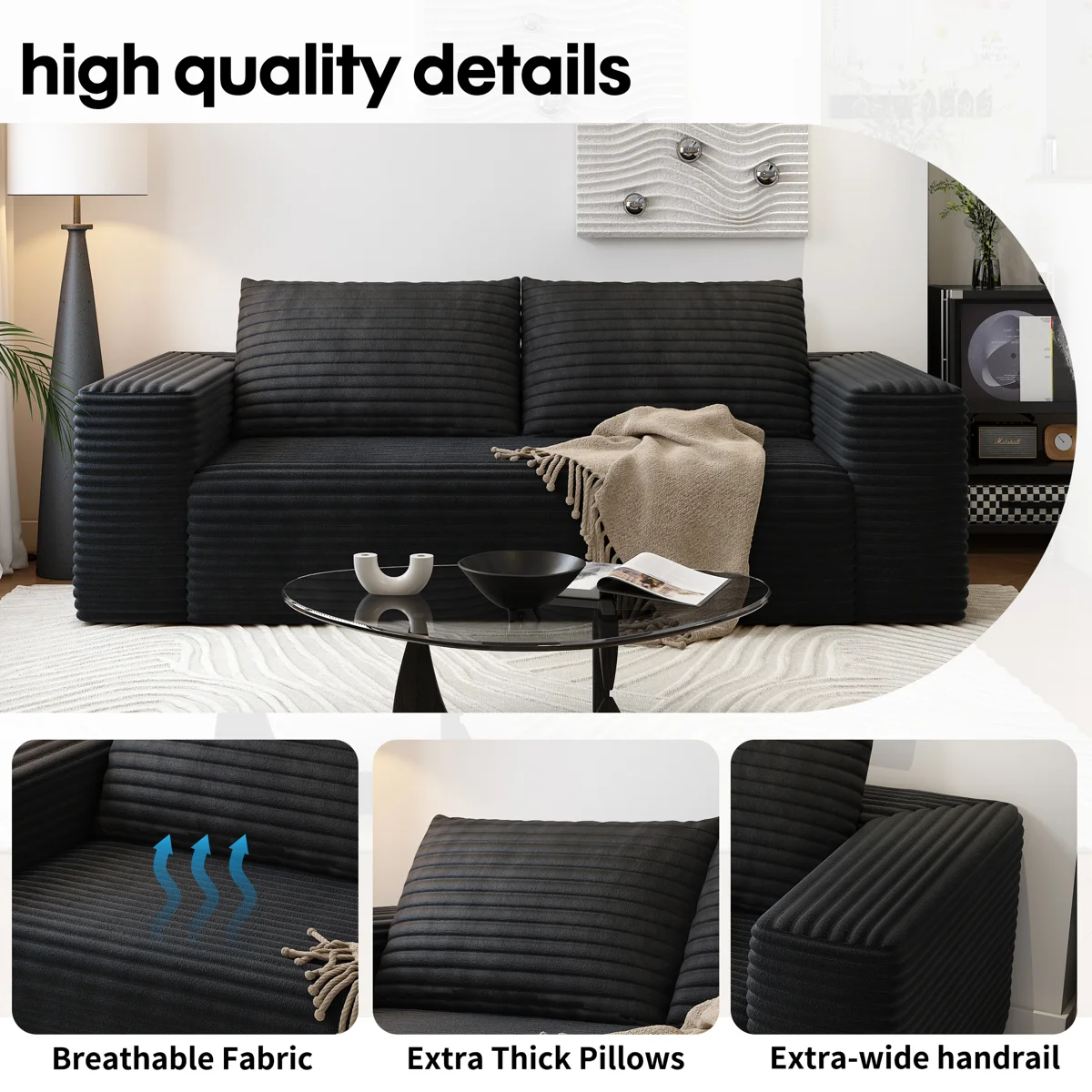Black ribbed sofa with beige throw in a minimalist living room featuring glass coffee table and abstract décor