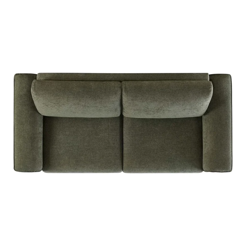 Moss green sofa with wide armrests and throw blanket in sunlit modern living room