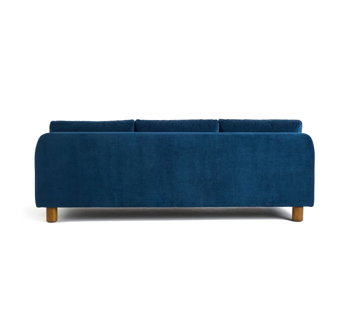 Modern dark blue sofa with three cushions, square arms, and wooden legs, highlighting modular section