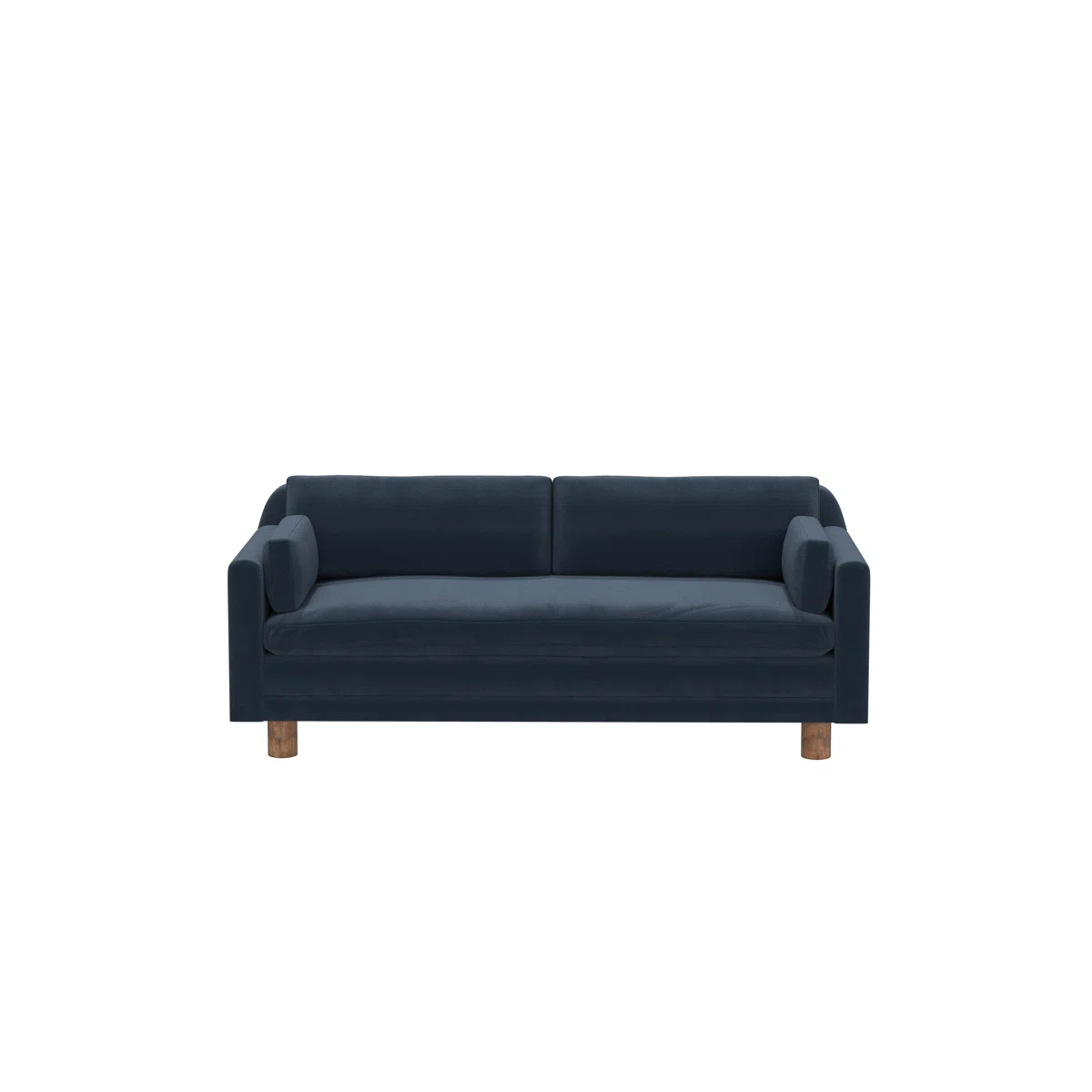 Modern dark blue sofa with three cushions, square arms, and wooden legs, highlighting modular section