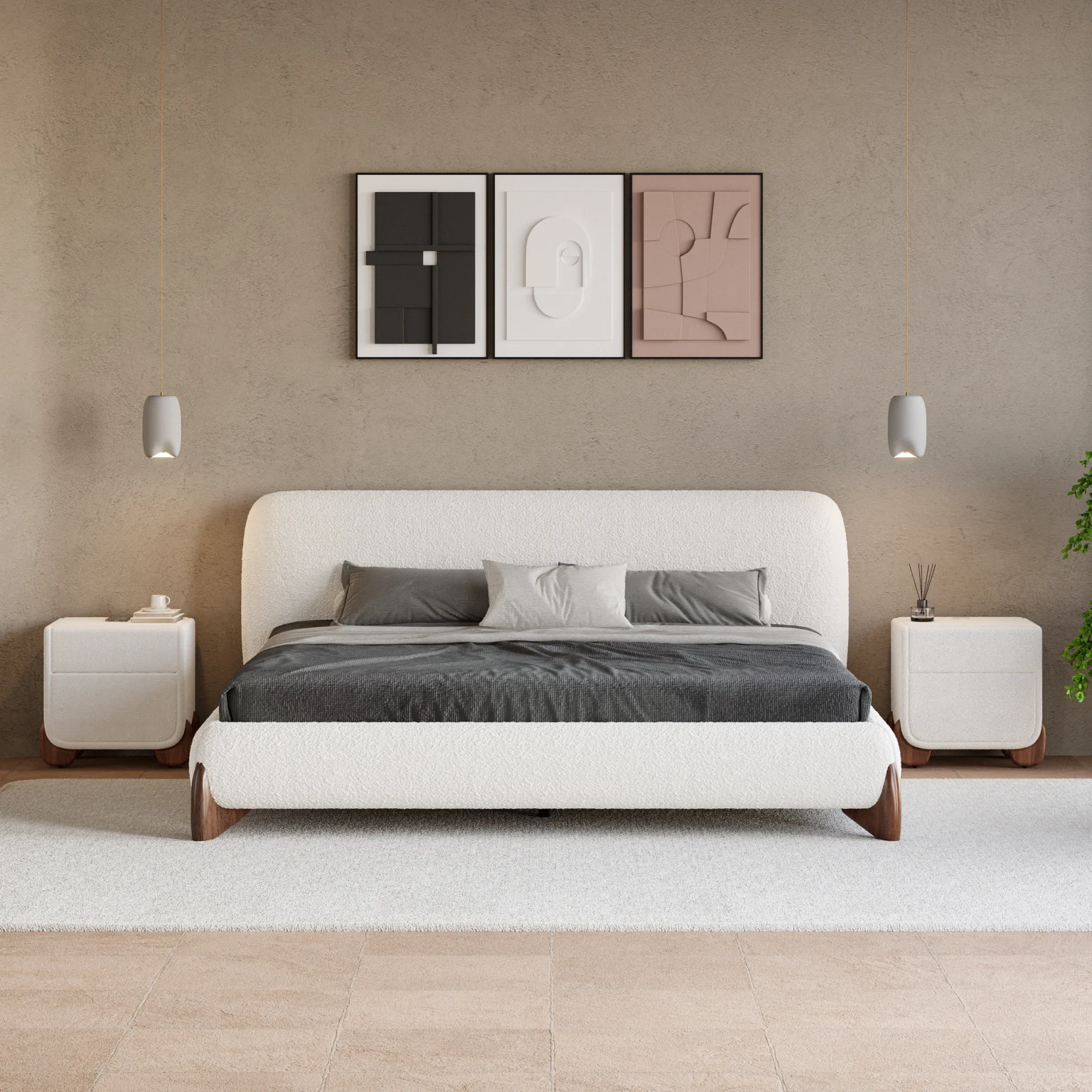 A serene bedroom featuring a white upholstered platform bed with a tufted headboard