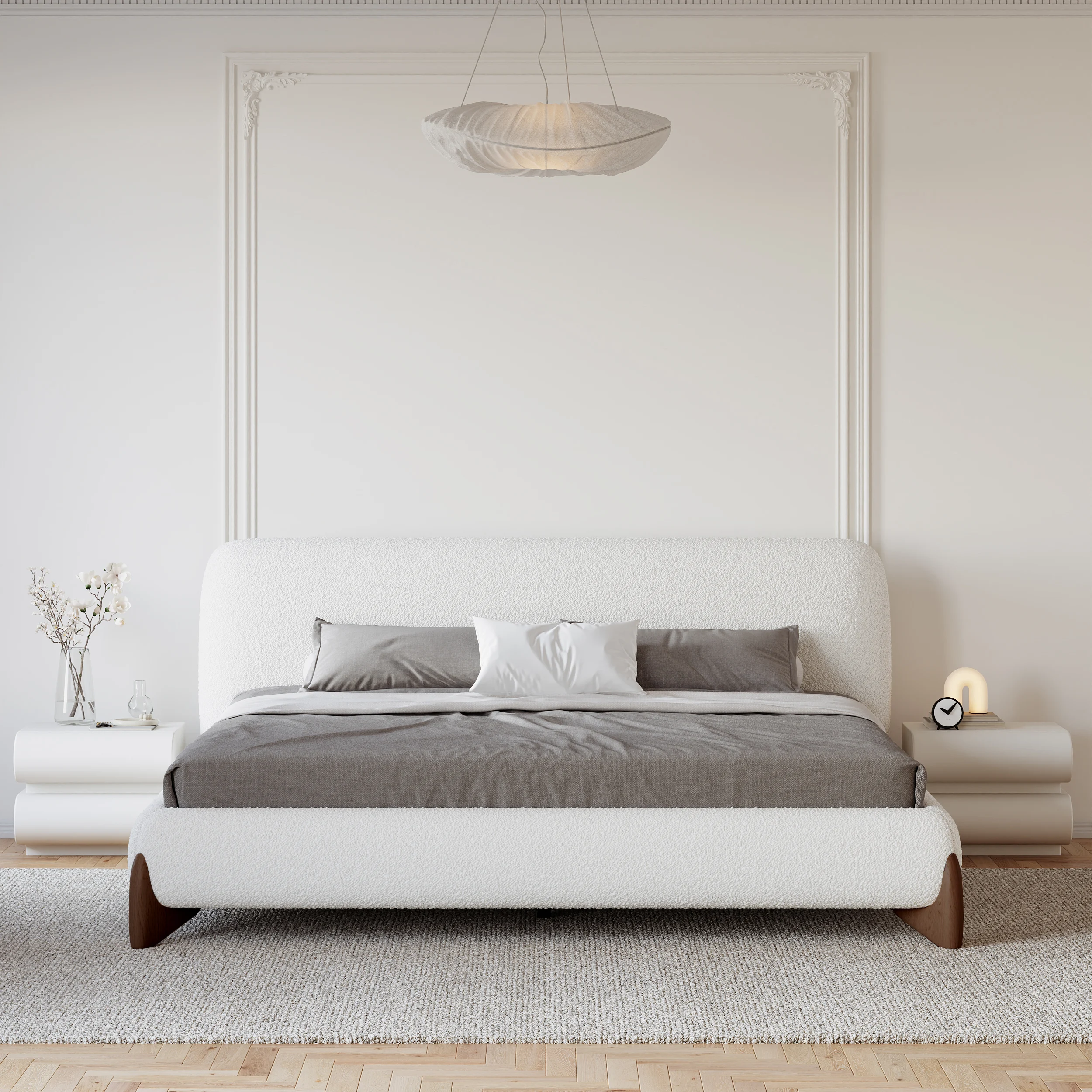A serene bedroom featuring a white upholstered platform bed with a tufted headboard