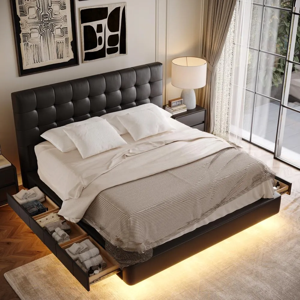 A modern queen-size bed with a dark tufted headboard featuring a grid pattern and matching frame.