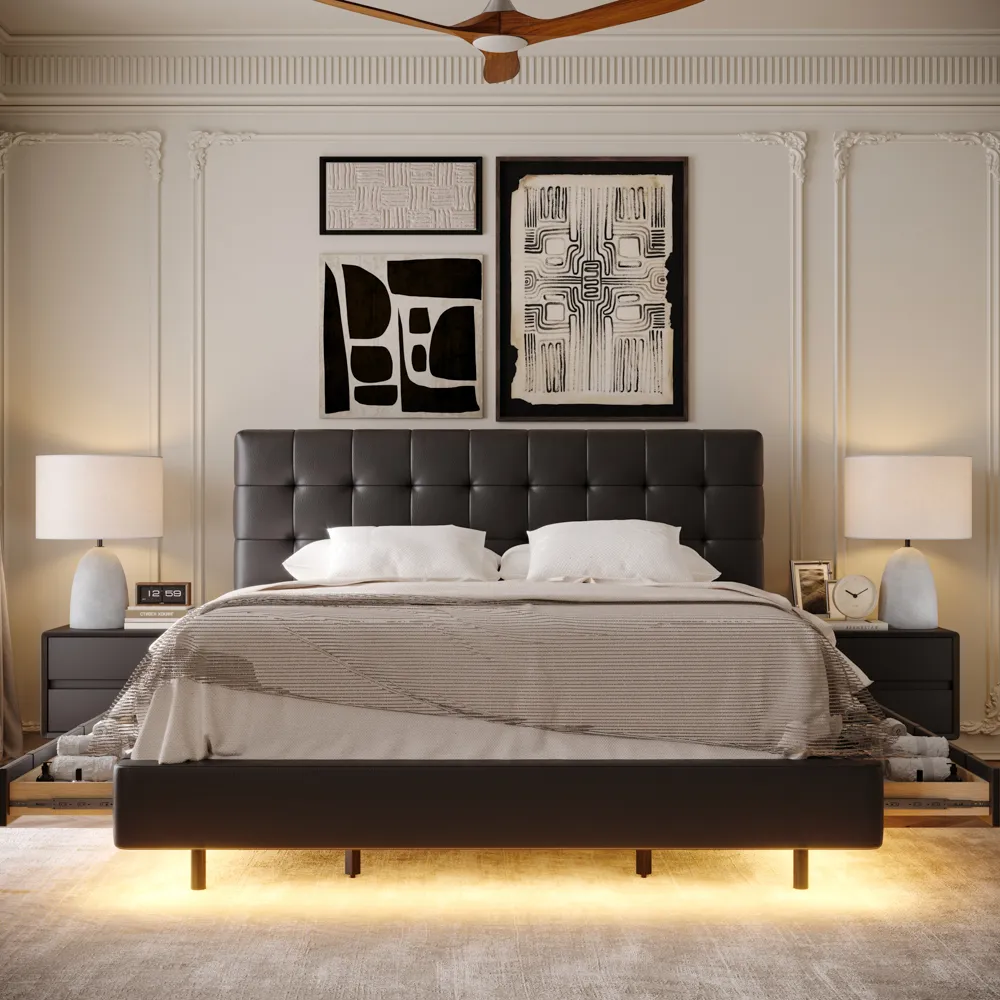 A modern queen-size bed with a dark tufted headboard featuring a grid pattern and matching frame.