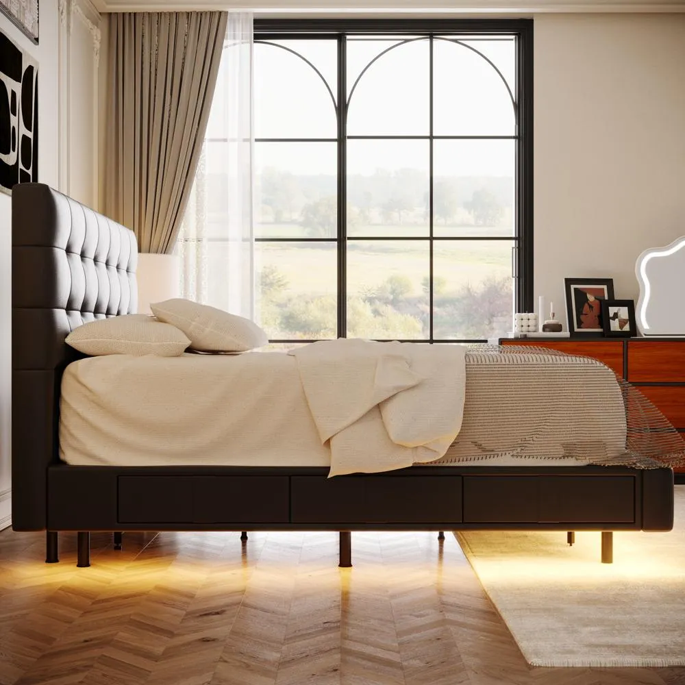 A modern queen-size bed with a dark tufted headboard featuring a grid pattern and matching frame.