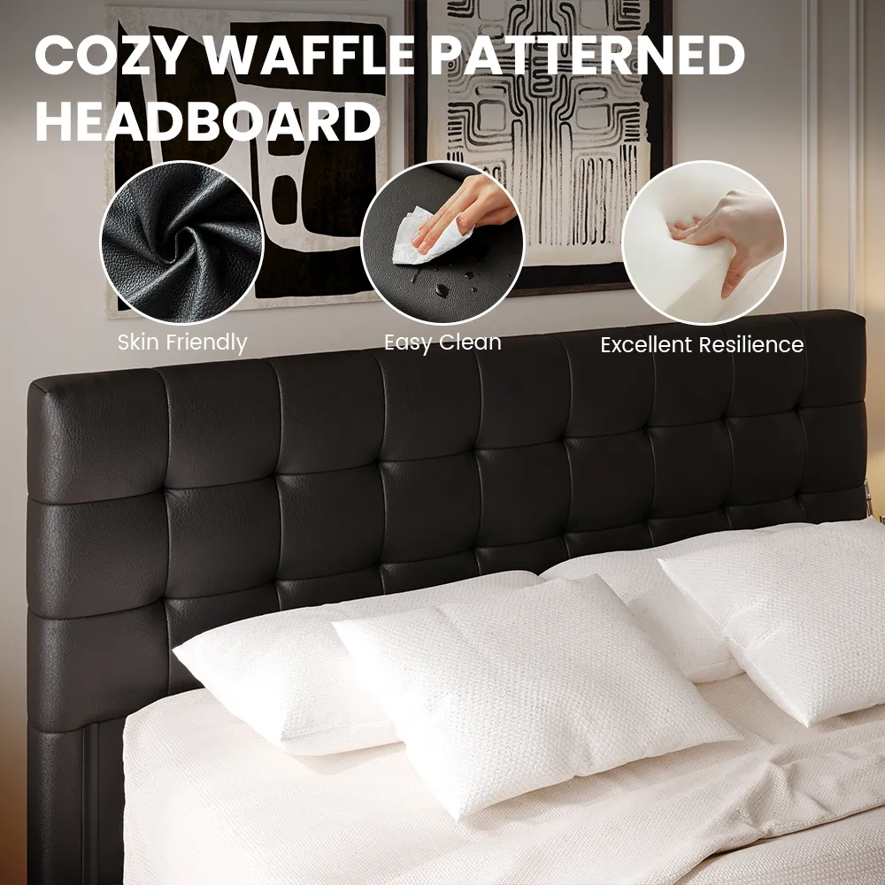 A modern queen-size bed with a dark tufted headboard featuring a grid pattern and matching frame.