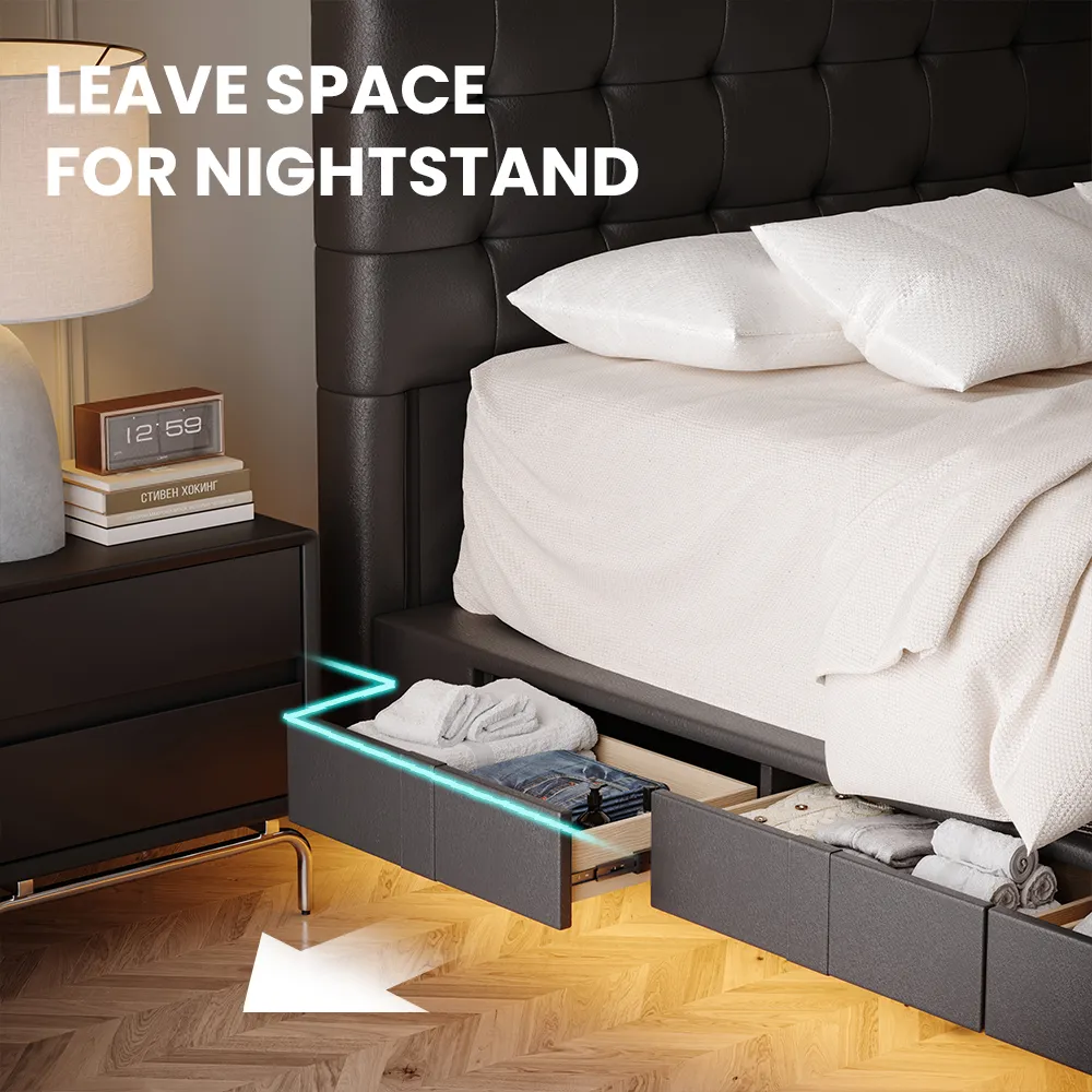 A modern queen-size bed with a dark tufted headboard featuring a grid pattern and matching frame.