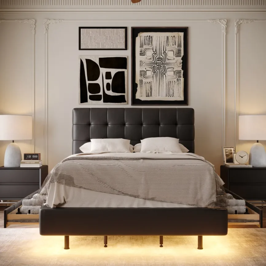 Dark tufted bed with white pillows, striped blanket, and ambient lighting in a modern bedroom.