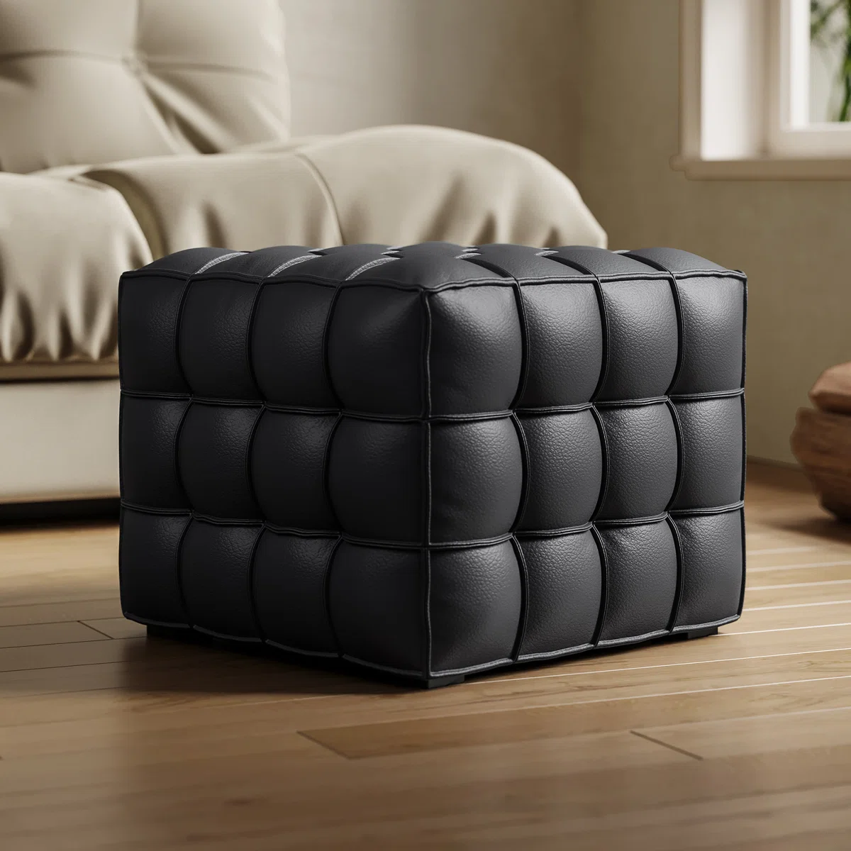 Black leather cube ottoman with quilted tufted surface, placed on wooden floor beside beige chair.