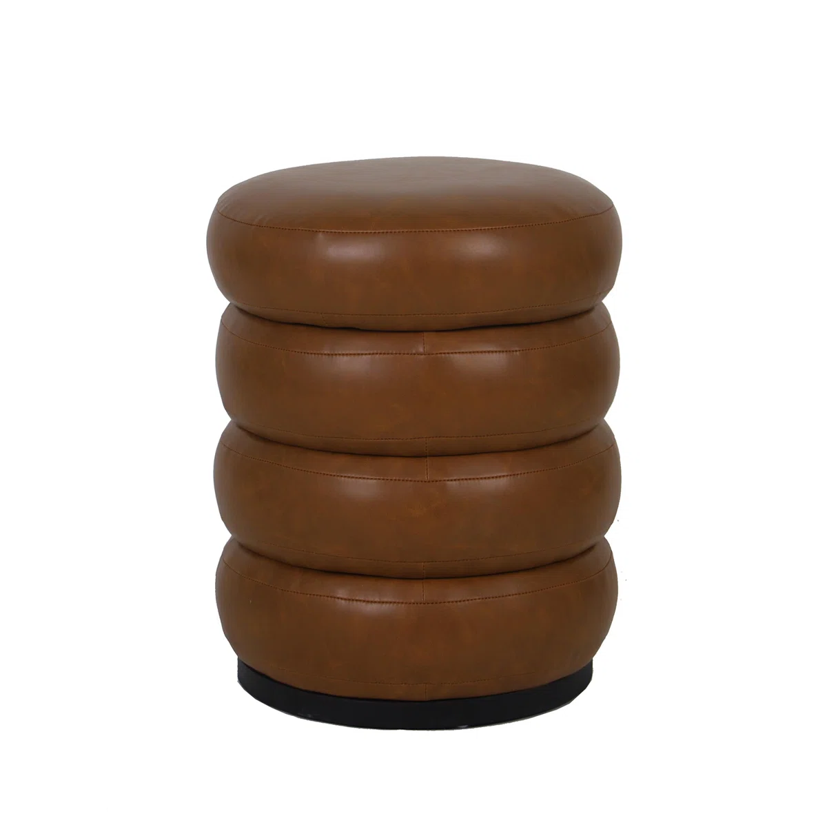 brown faux leather ottoman with stacked cushion design and black base in modern room