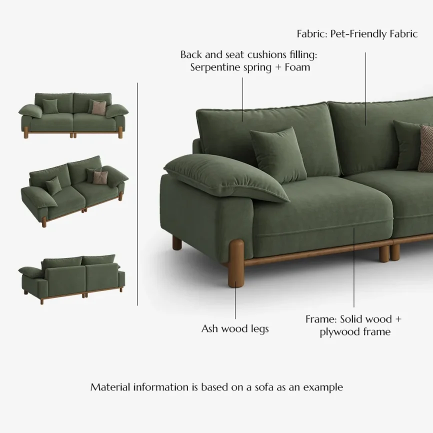 A modern green upholstered sofa with a wooden base and legs sits against a light background, showcasing a clean and contemporary silhouette.