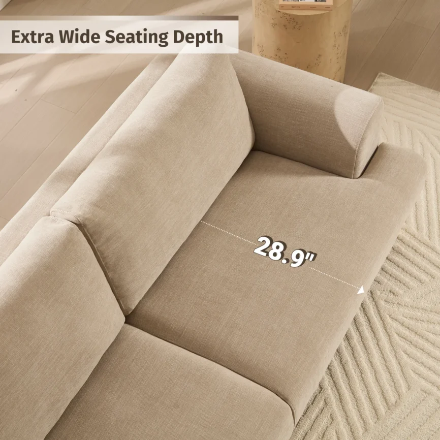 Beige sofa with wooden base and legs in a minimalist living room with neutral tones