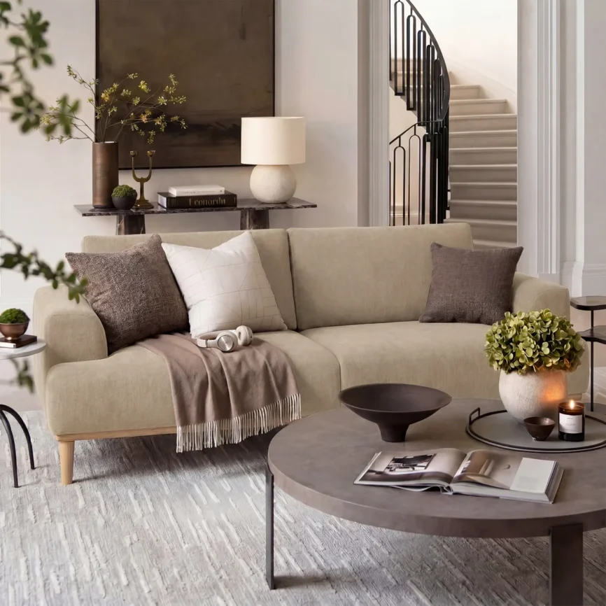 Beige sofa with wooden base and legs in a minimalist living room with neutral tones