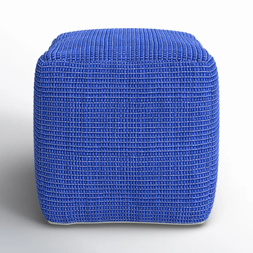 blue cube-shaped pouf with woven grid texture and structured upholstery for modern interior decor