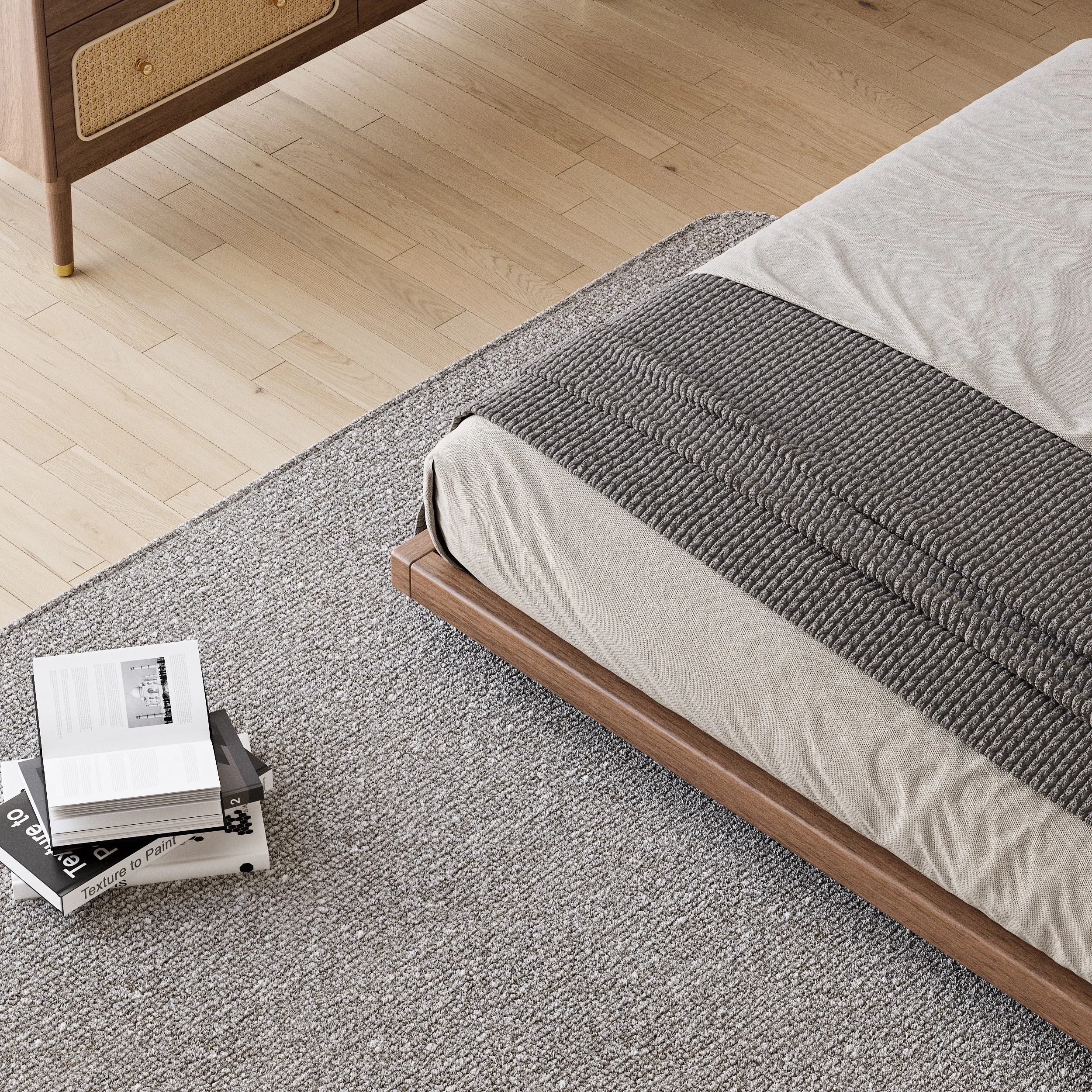 A minimalist king-size floor bed with a walnut wood finish and low-profile frame, styled with beige bedding and a textured gray throw blanket