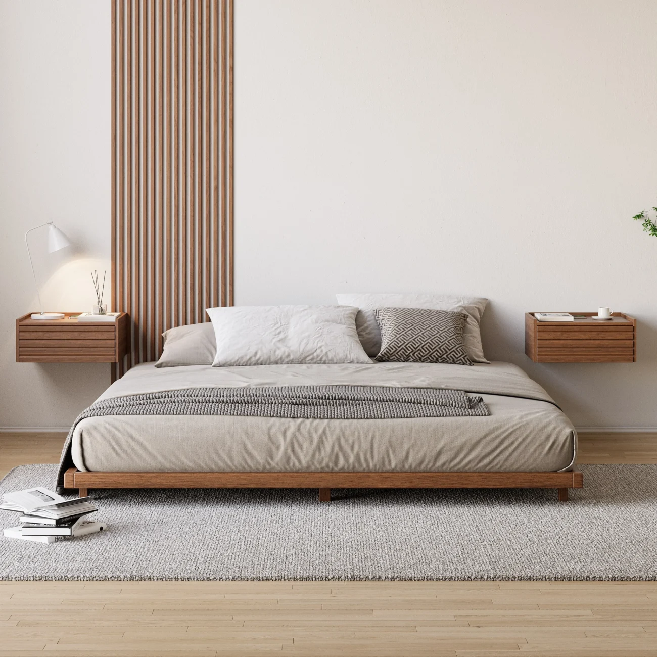 Wooden bed with beige and gray bedding, floating nightstands, and geometric pillow in a minimalist bedroom