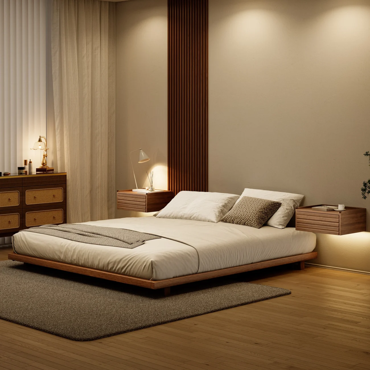 A minimalist bedroom featuring a low-profile wooden bed with a matching headboard and neutral bedding in beige and gray tones