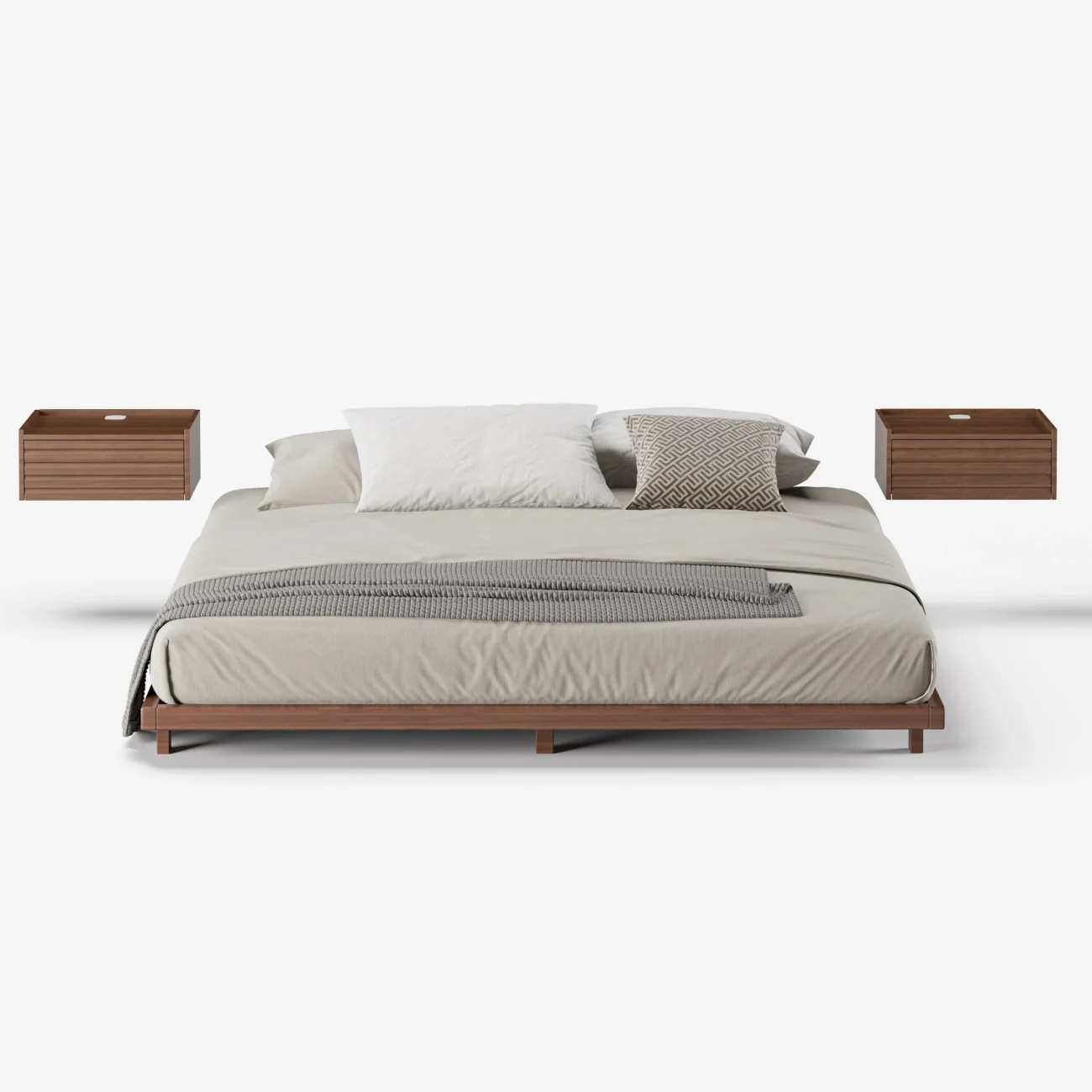 A minimalist bedroom featuring a low-profile wooden bed with a matching headboard and neutral bedding in beige and gray tones