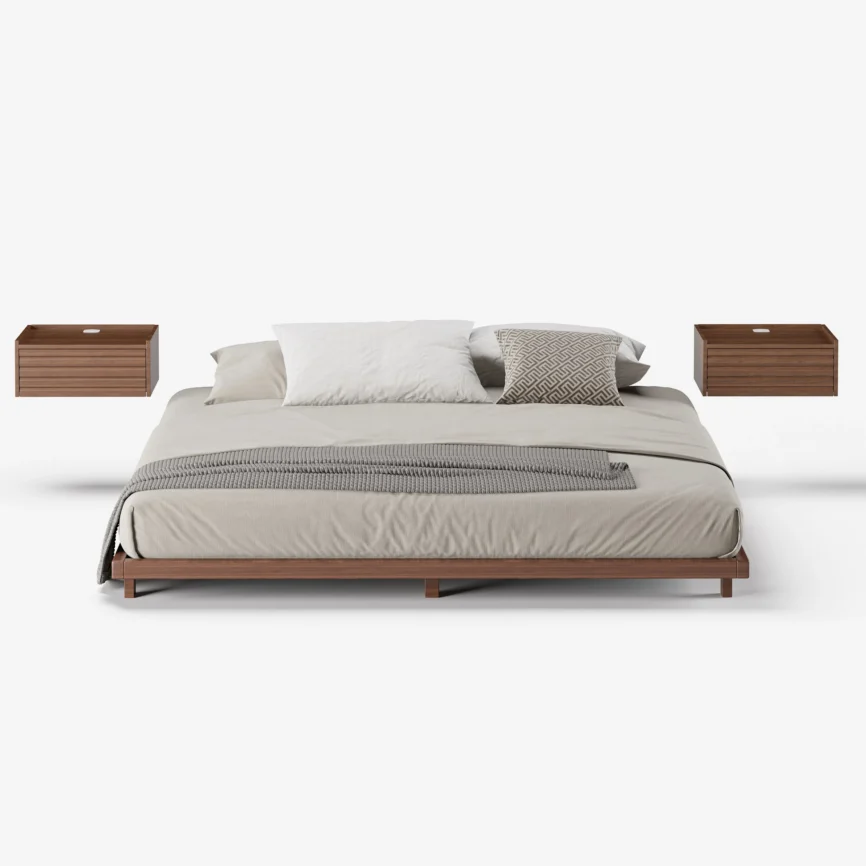 A minimalist bedroom featuring a low-profile wooden bed with a matching headboard and neutral bedding in beige and gray tones