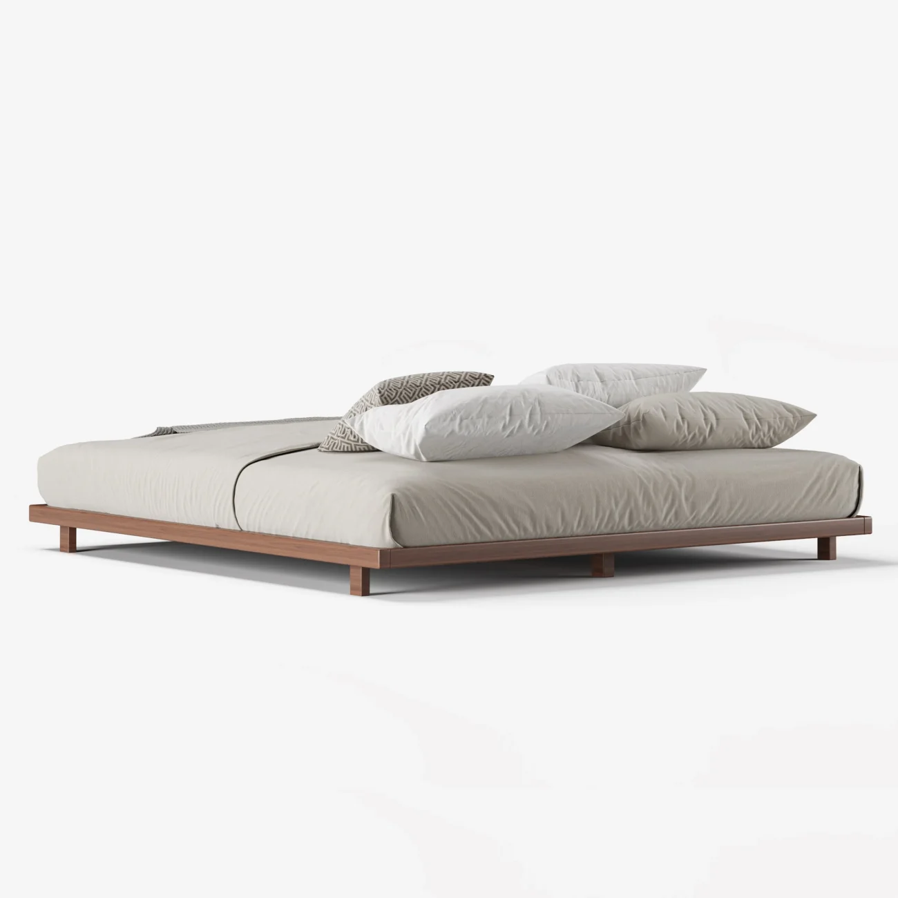 A minimalist bedroom featuring a low-profile wooden bed with a matching headboard and neutral bedding in beige and gray tones