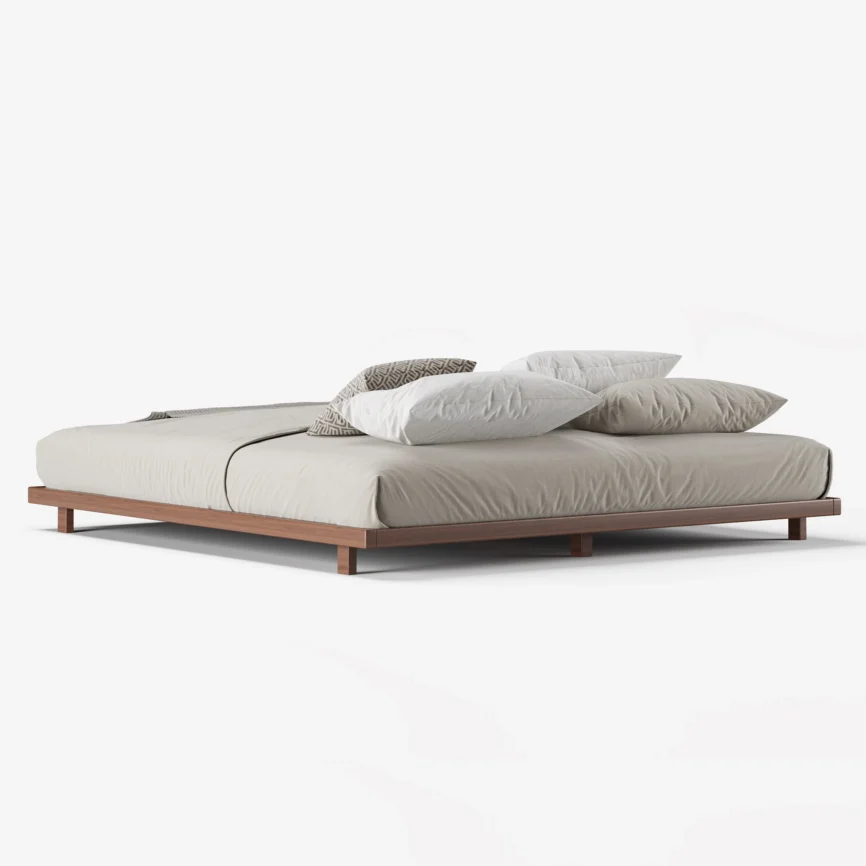 A minimalist bedroom featuring a low-profile wooden bed with a matching headboard and neutral bedding in beige and gray tones
