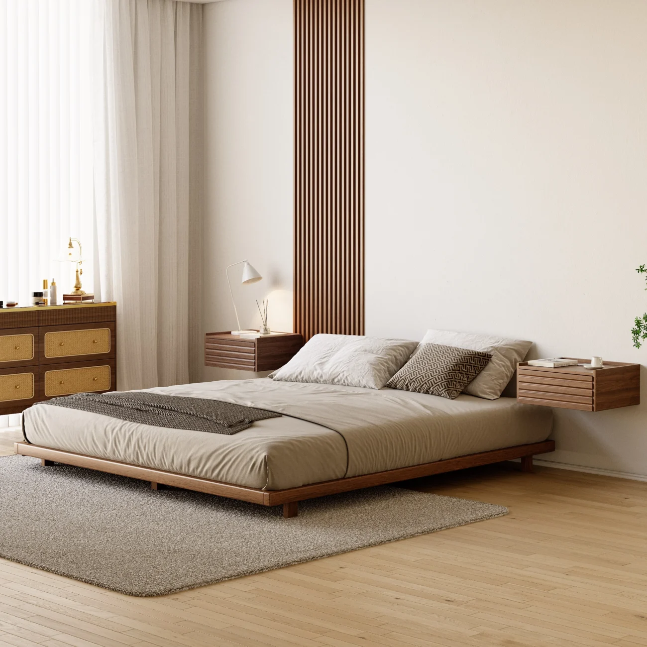 A minimalist bedroom featuring a low-profile wooden bed with a matching headboard and neutral bedding in beige and gray tones