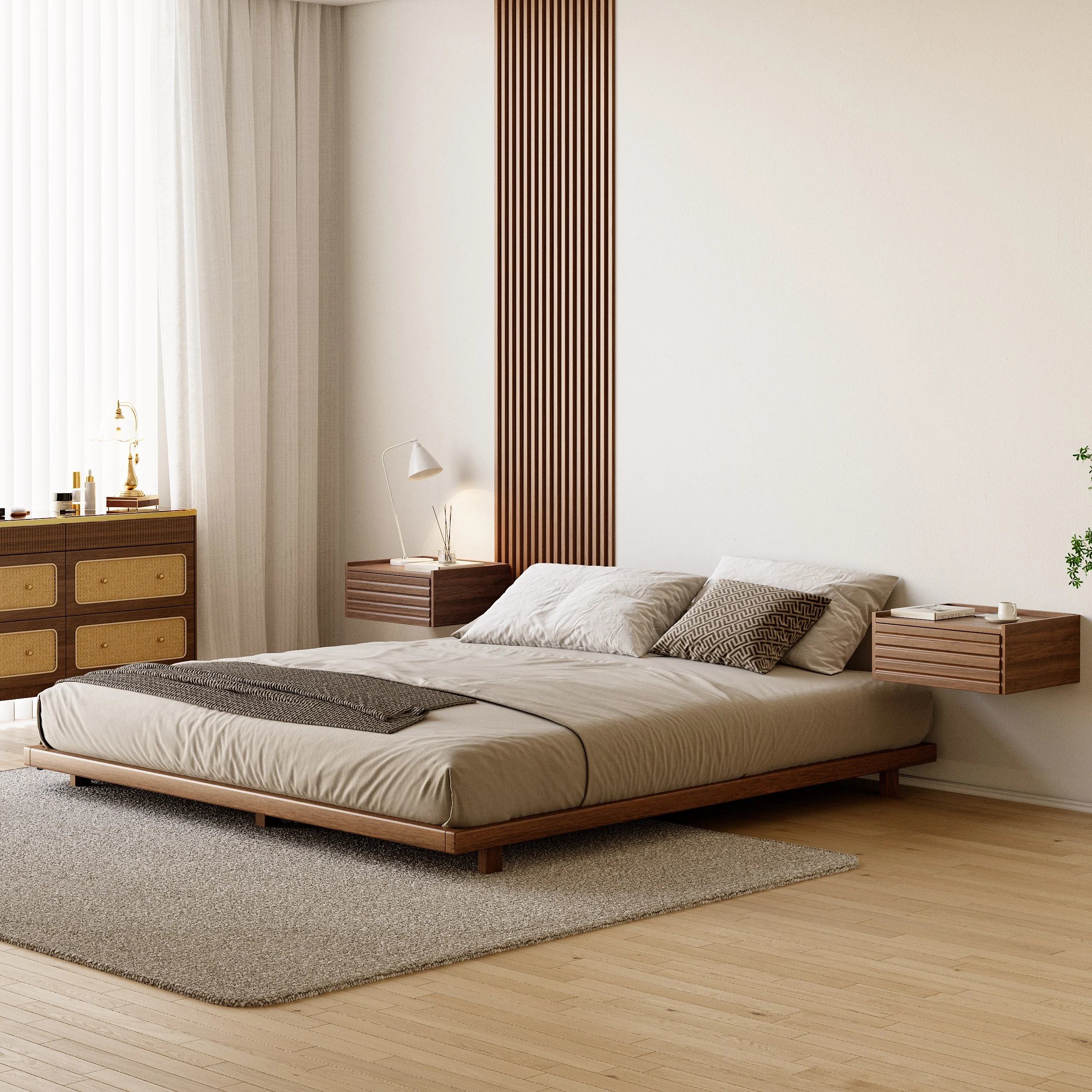 A minimalist bedroom featuring a low-profile wooden bed with a matching headboard and neutral bedding in beige and gray tones