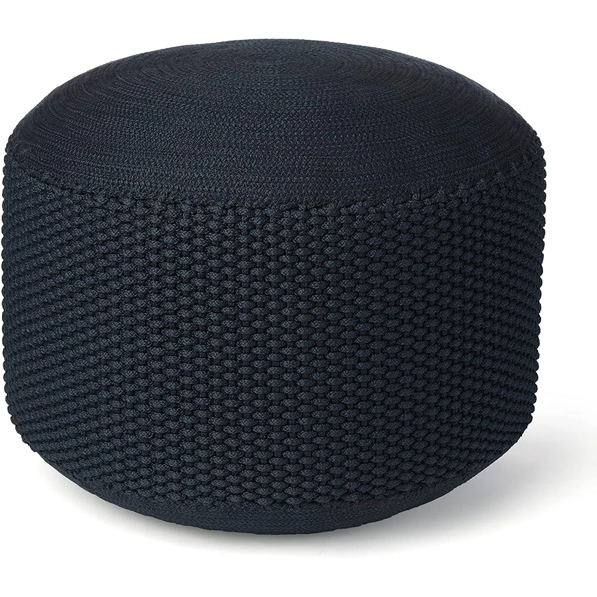 Close-up of round dark pouf with woven top and honeycomb-knit sides