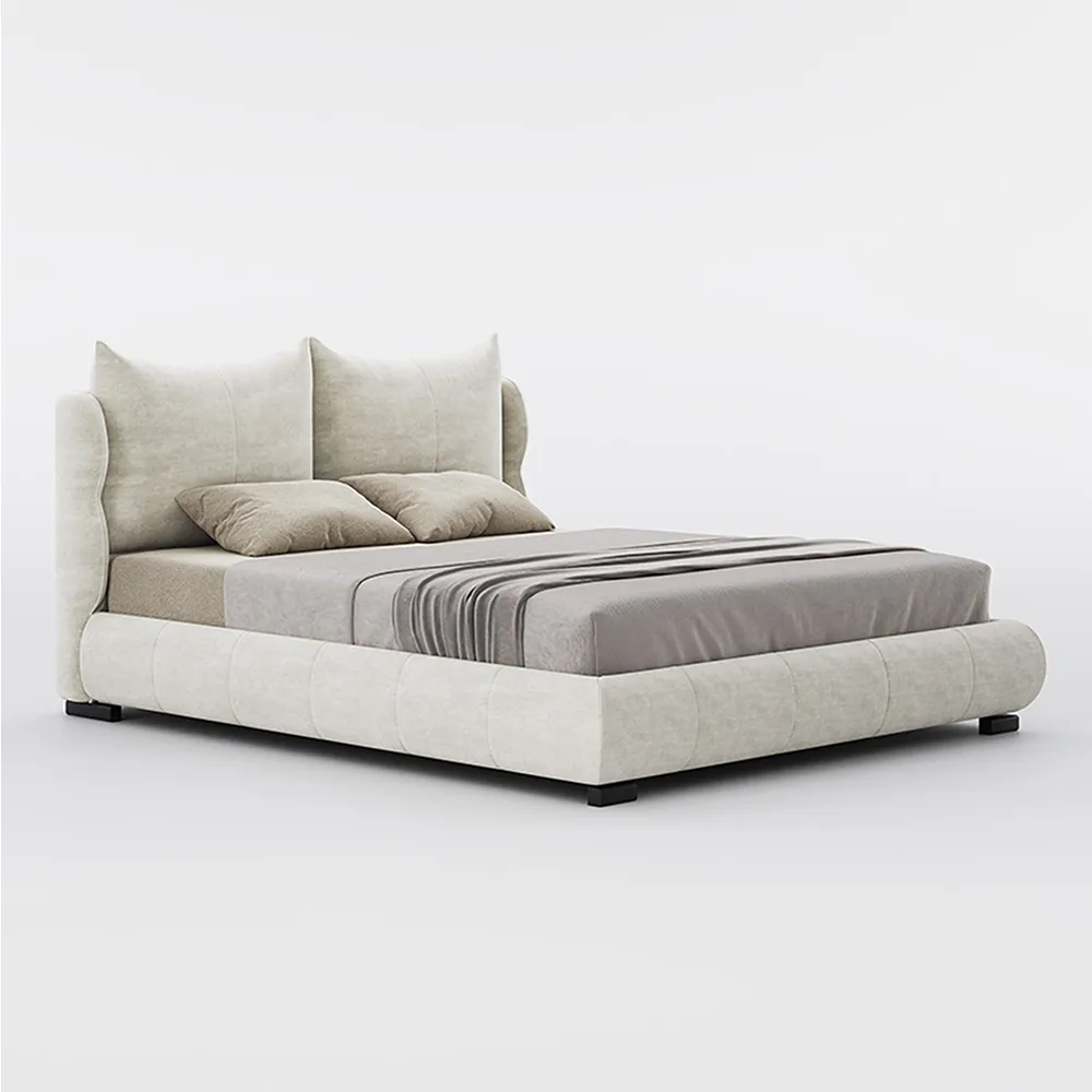 A modern upholstered queen bed in soft beige fabric with a rounded, cushioned frame and short black legs