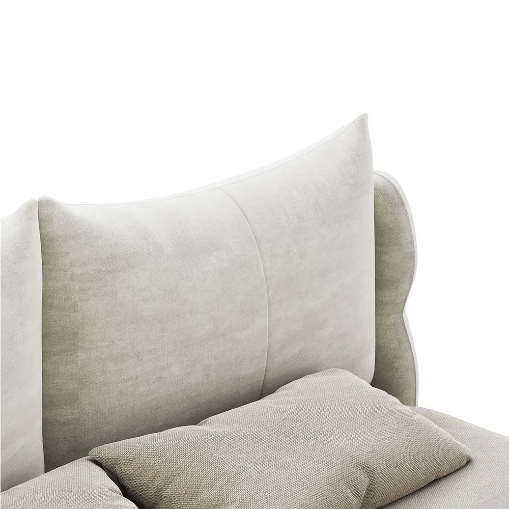 A modern upholstered queen bed in soft beige fabric with a rounded, cushioned frame and short black legs
