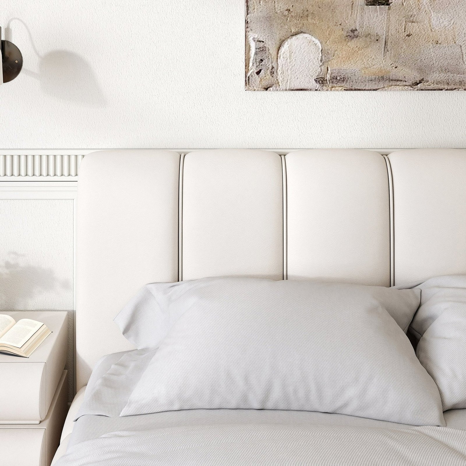 A modern bedroom featuring a white upholstered bed with a tall, vertically paneled headboard and matching footboard.