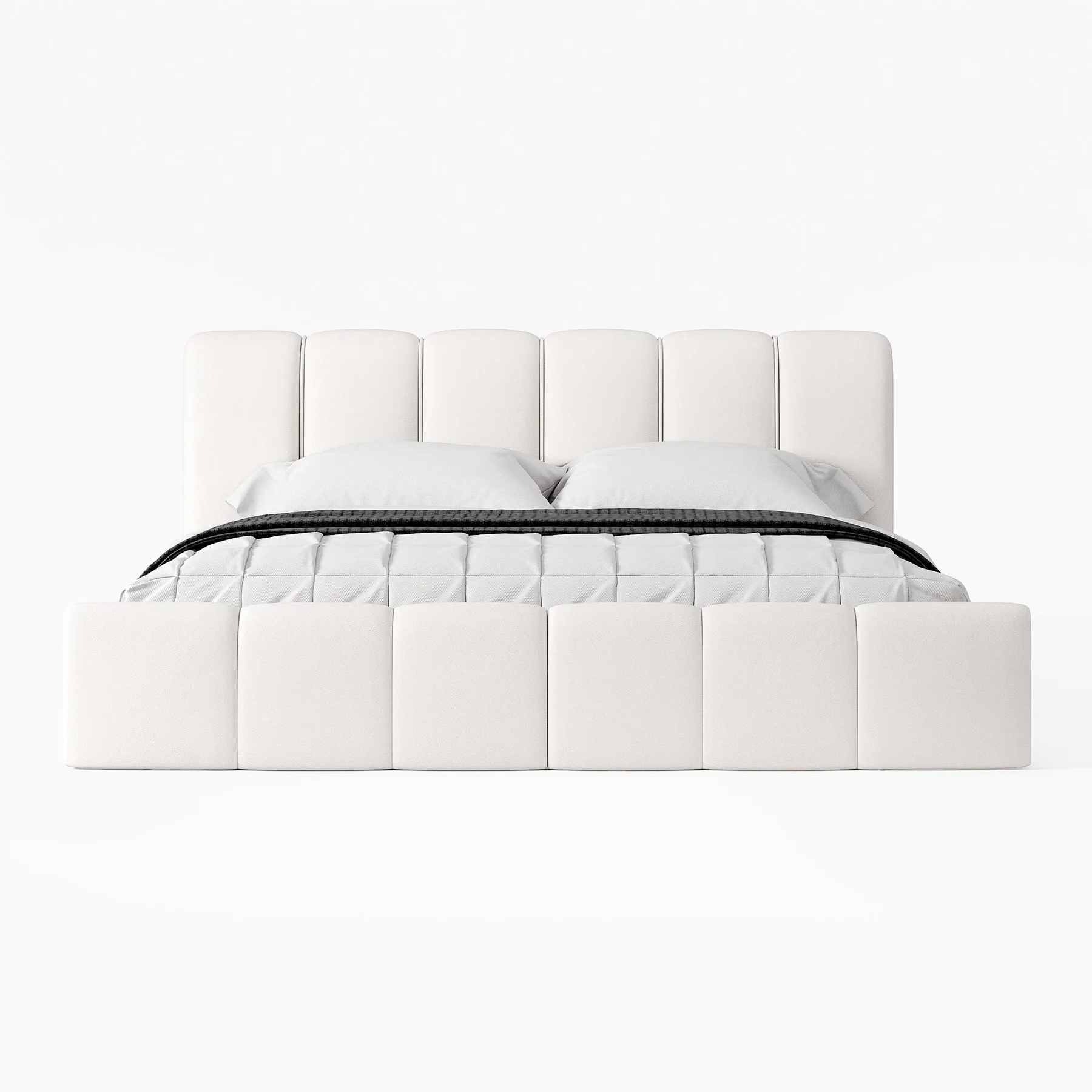 A modern bedroom featuring a white upholstered bed with a tall, vertically paneled headboard and matching footboard.
