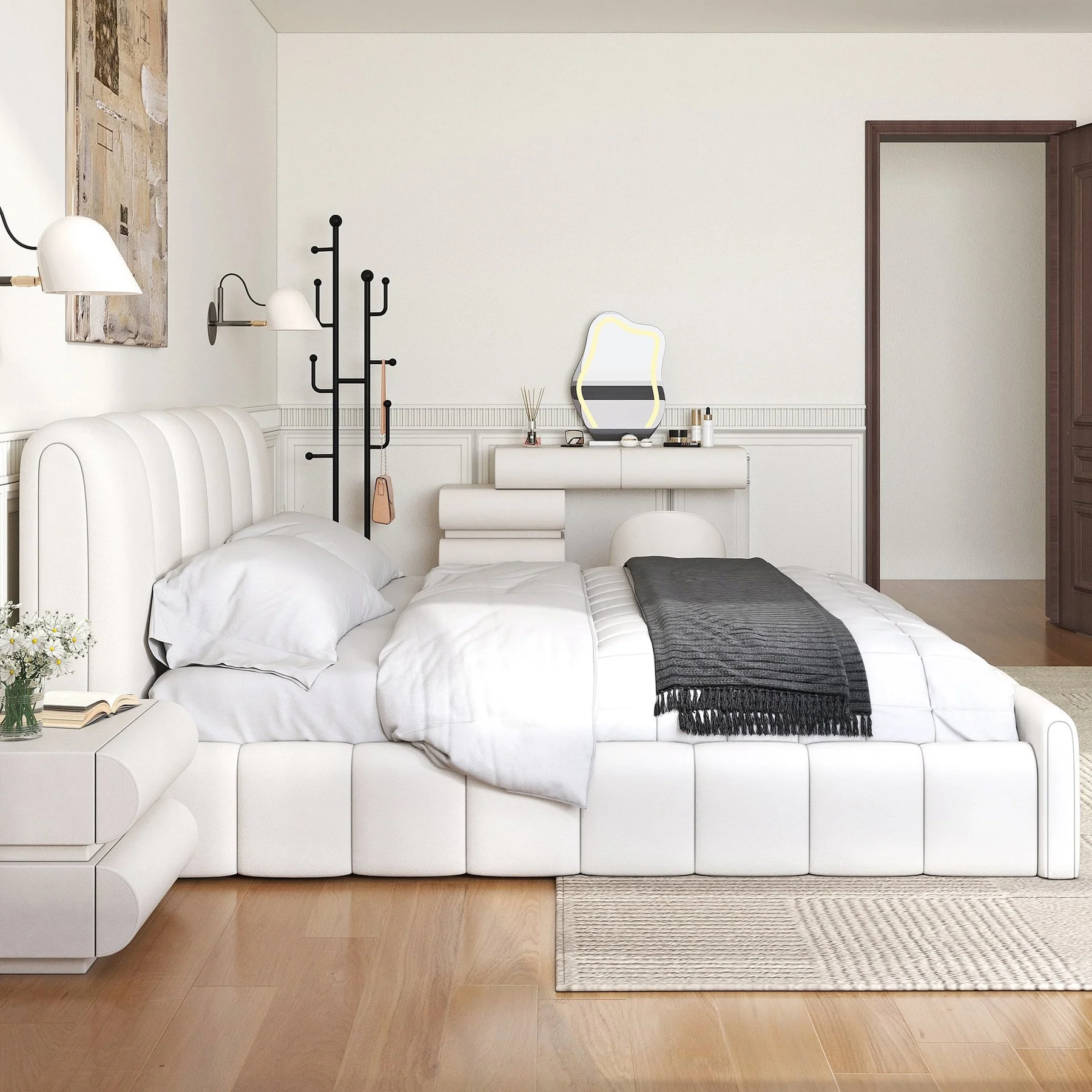 A modern bedroom featuring a white upholstered bed with a tall, vertically paneled headboard and matching footboard.