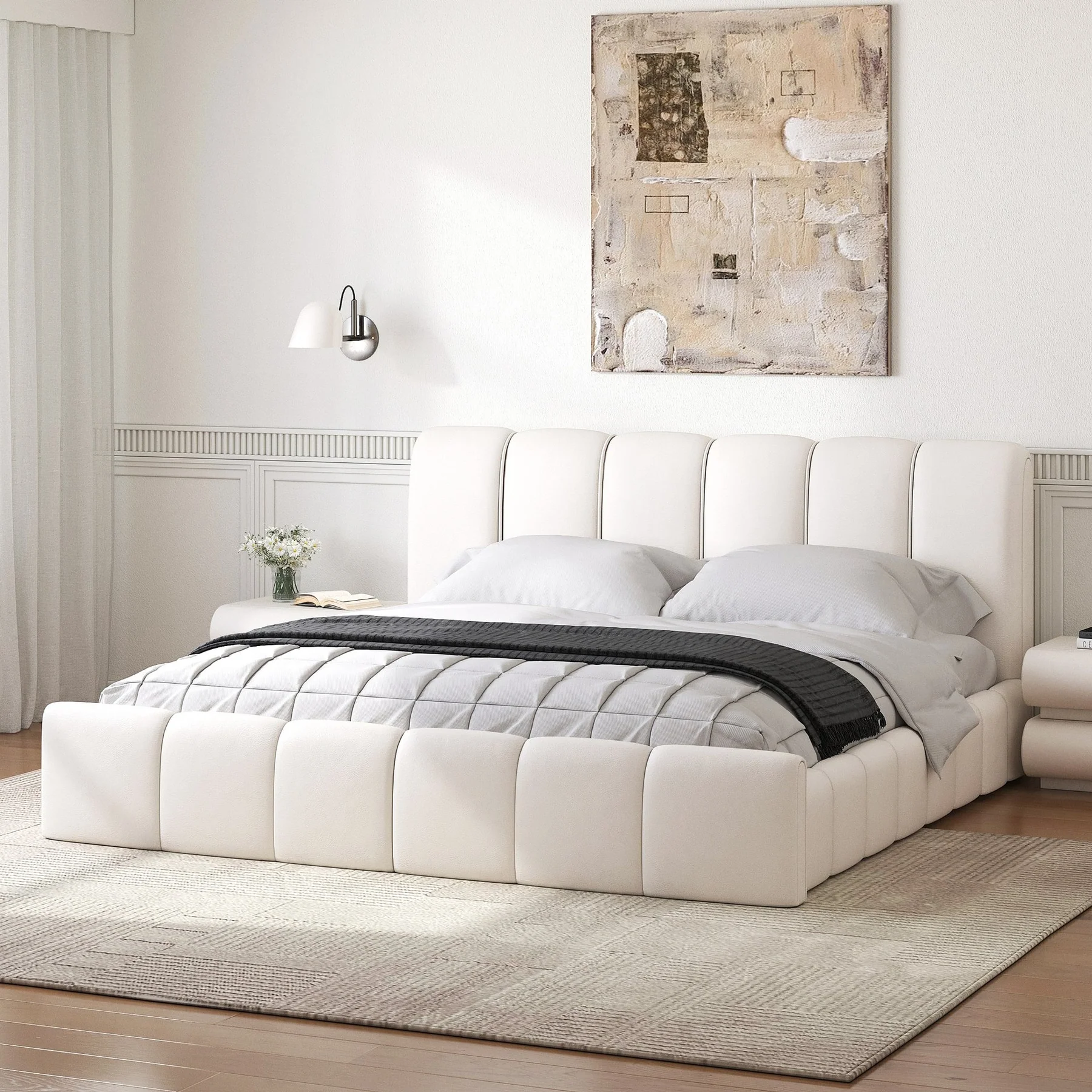 A modern bedroom featuring a white upholstered bed with a tall, vertically paneled headboard and matching footboard.
