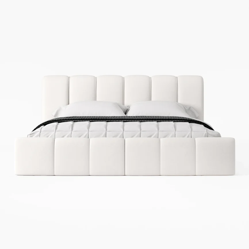 White upholstered bed with paneled headboard and gray bedding in a minimalist bedroom with nightstands and soft lighting
