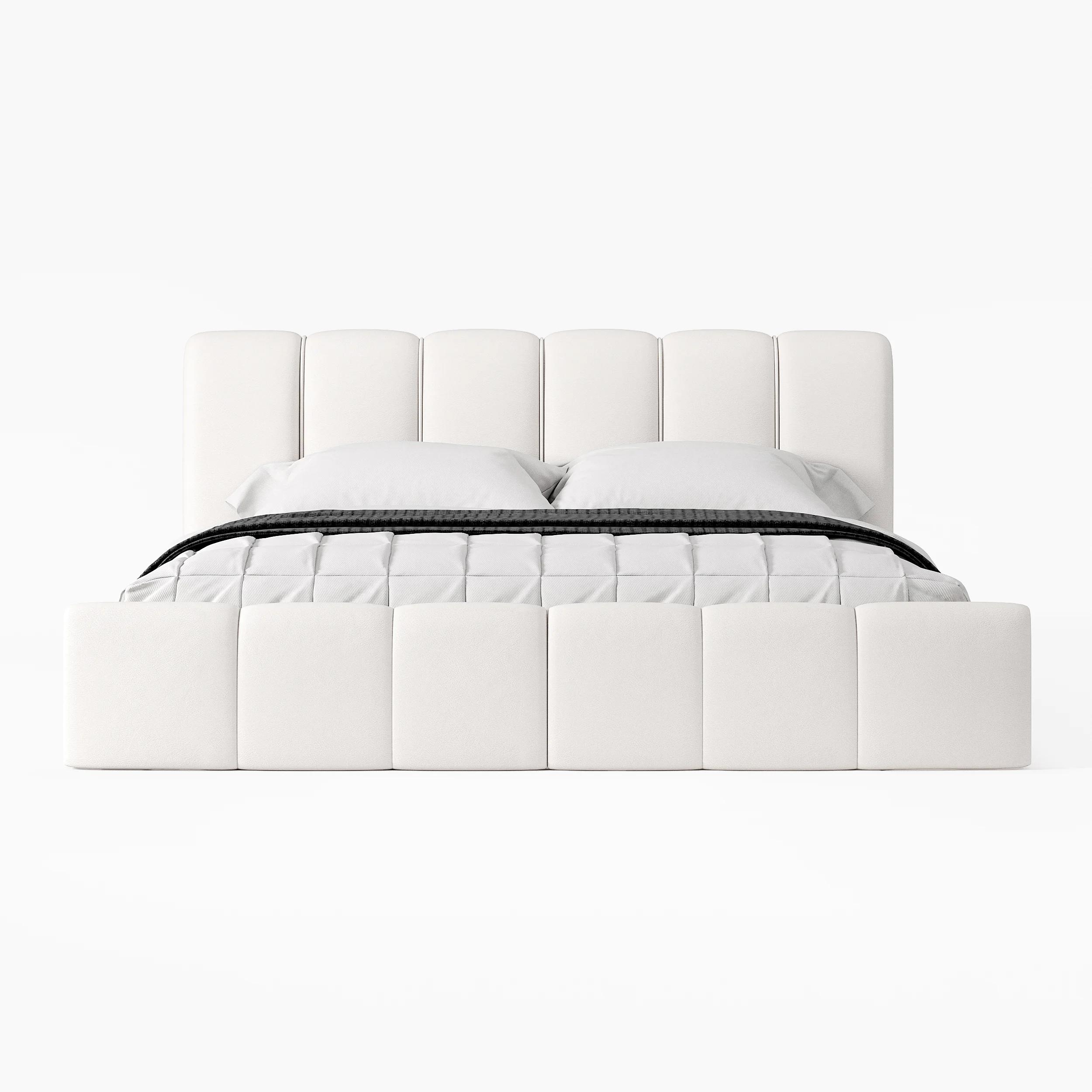 White upholstered bed with paneled headboard and gray bedding in a minimalist bedroom with nightstands and soft lighting