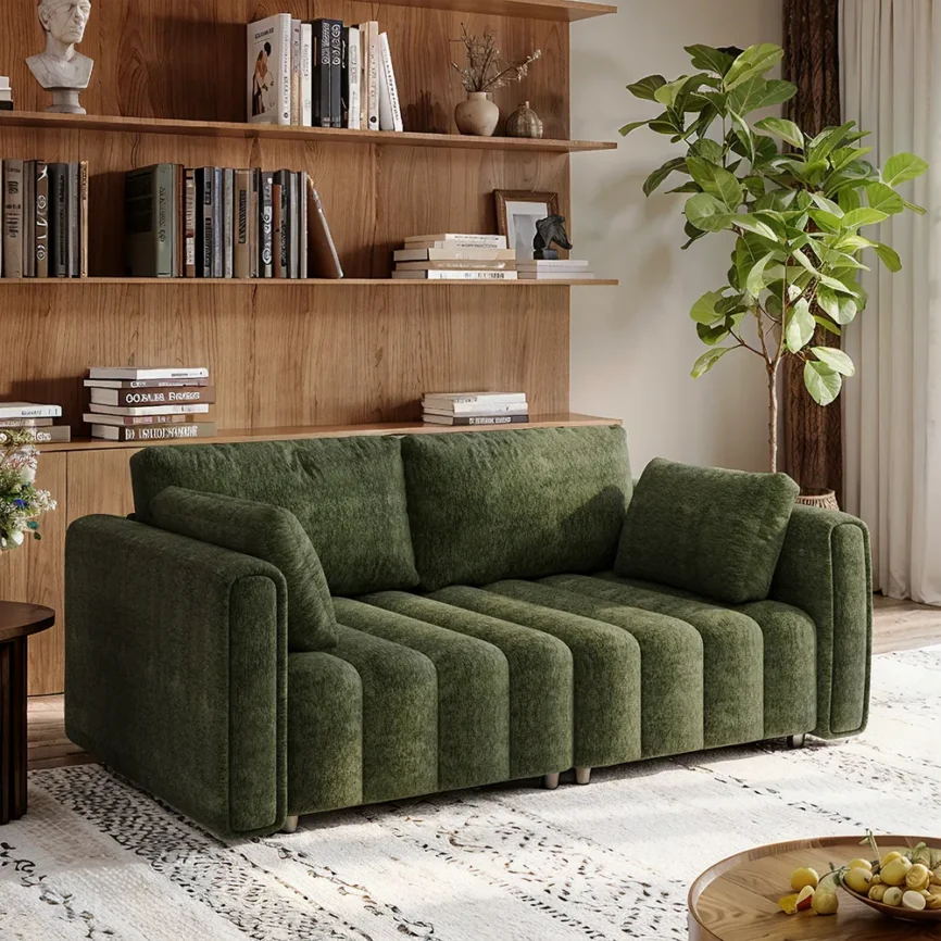 Green chenille modular sofa with labeled seat depth, height, and armrest dimensions for space planning