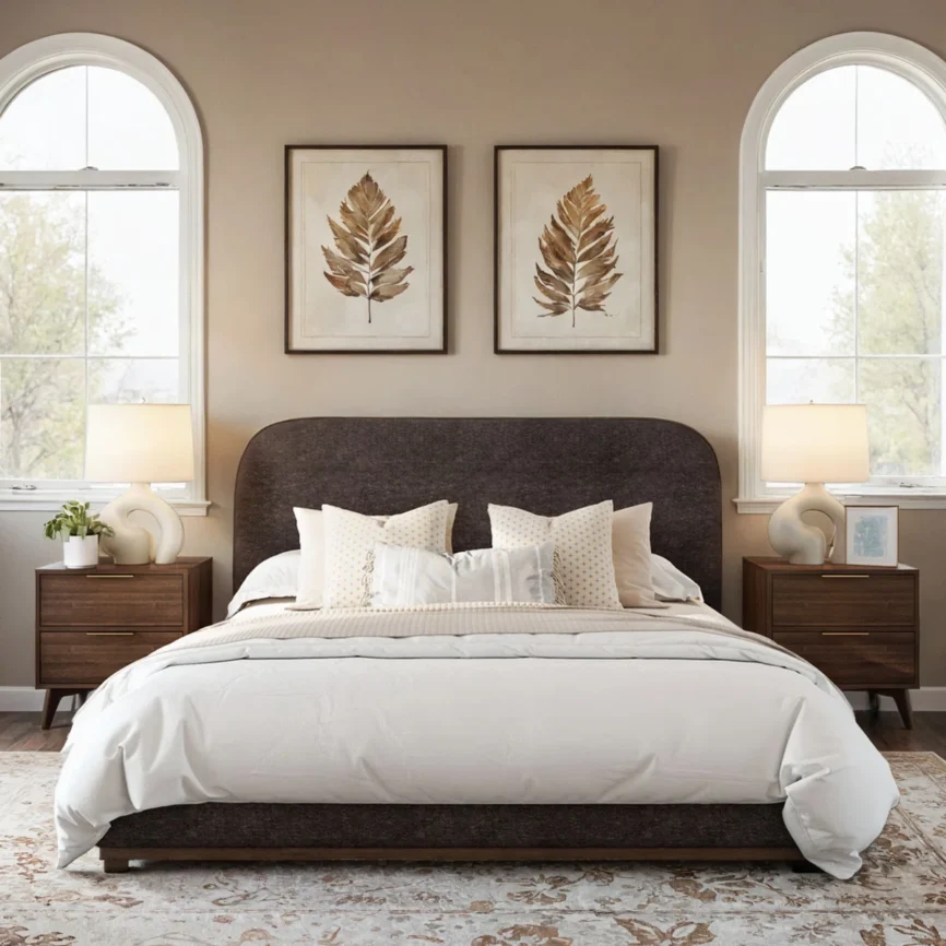 Dark upholstered king bed with white bedding, wooden nightstands, and natural light in a modern bedroom.
