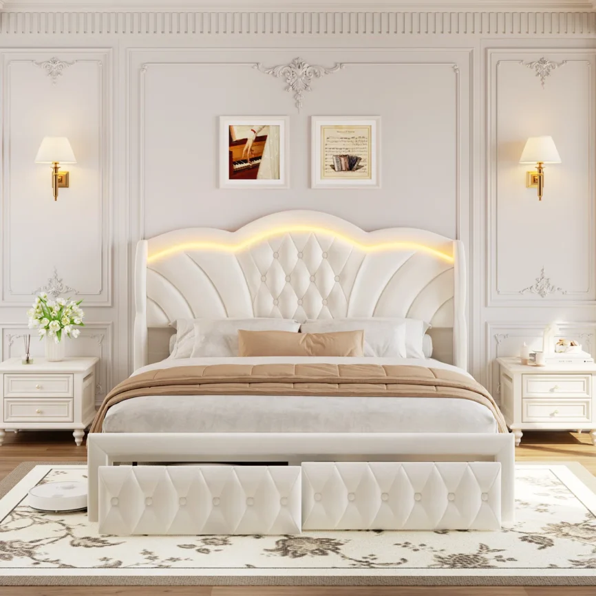 Velvet queen bed with scalloped tufted headboard, LED lighting, and neutral bedding in an elegant bedroom.