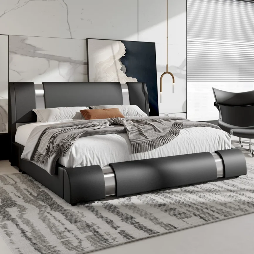 aurelius pu leather king platform bed with iron accents