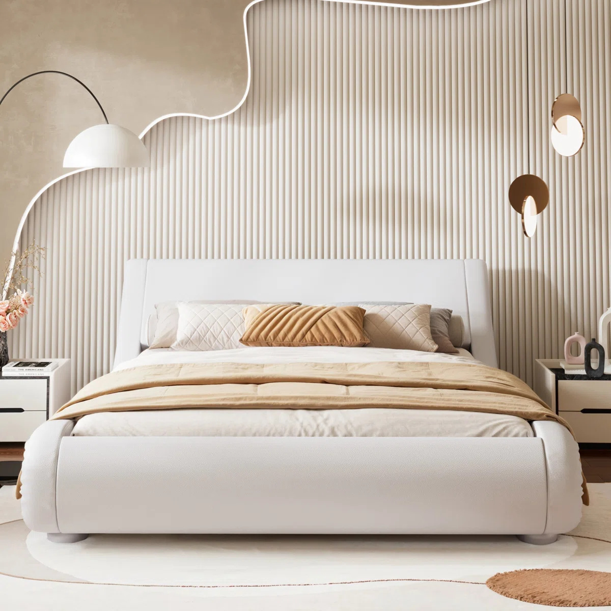 White upholstered bed with stitched headboard, beige diamond pillows, and golden accent cushion in modern bedroom.