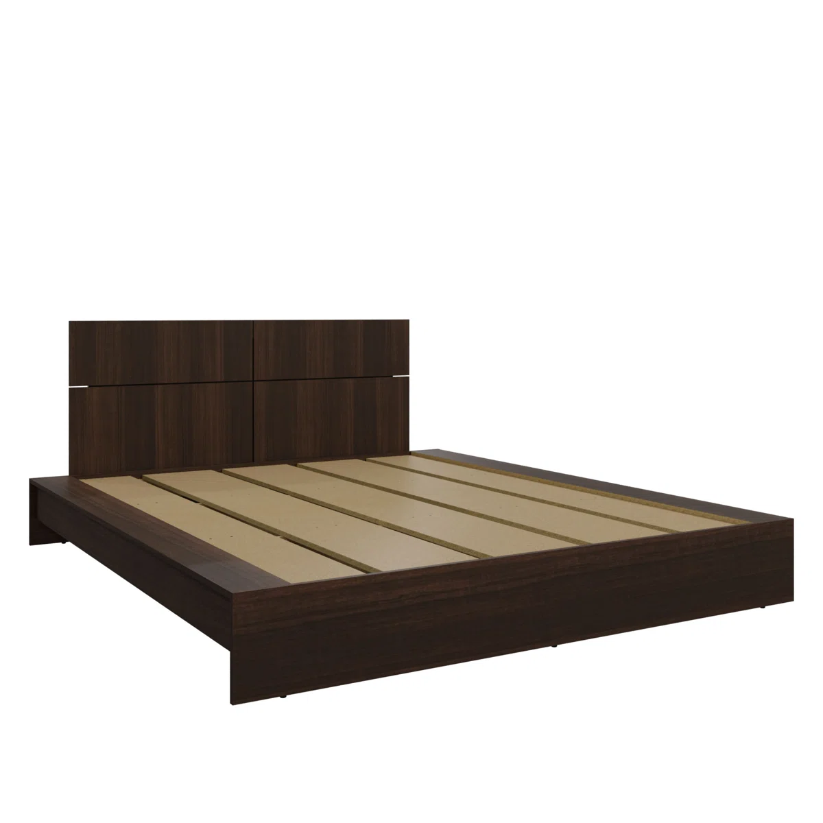 Floating platform bed with grid-pattern headboard, green bedding, and side ledge in a modern bedroom with natural light.