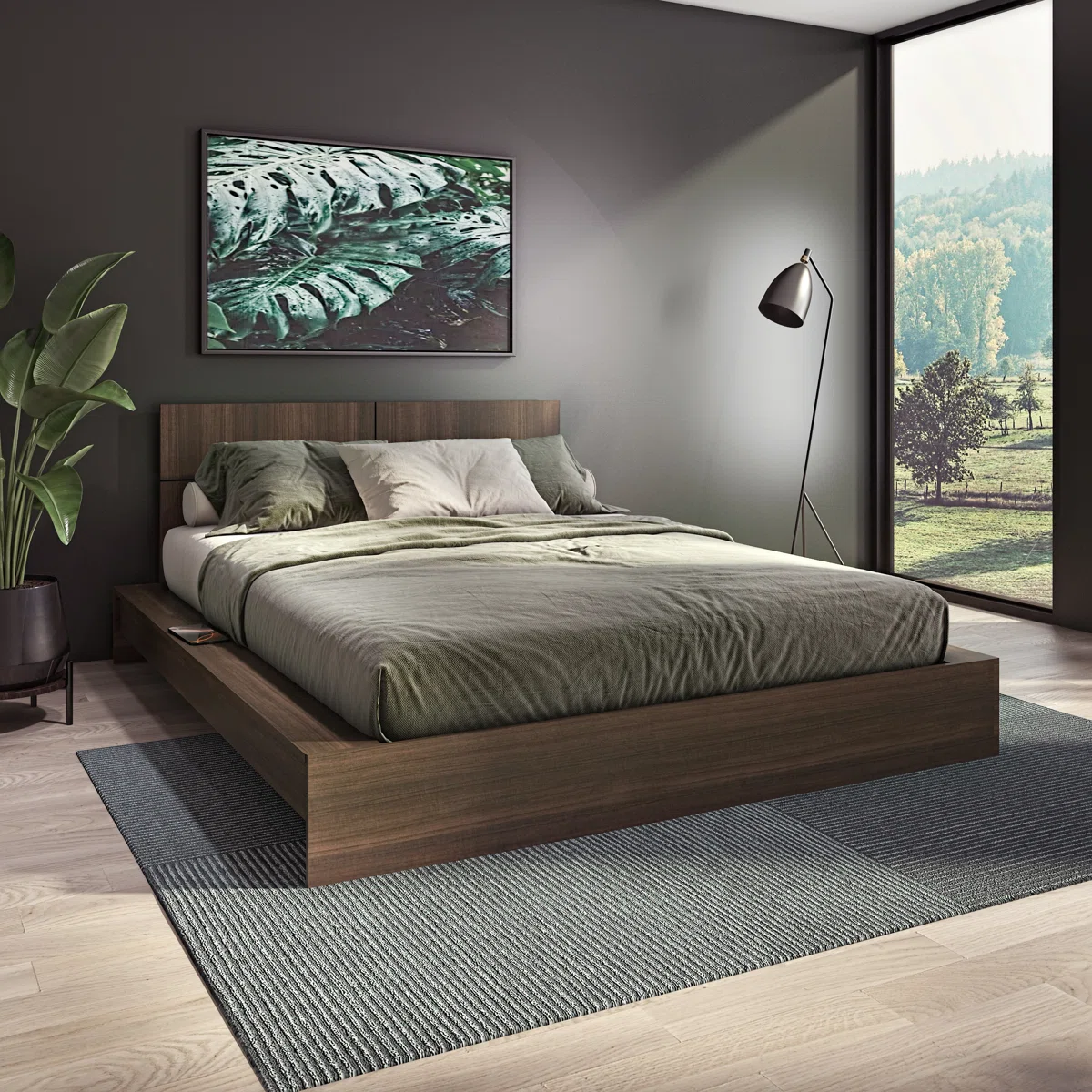 Floating platform bed with grid-pattern headboard, green bedding, and side ledge in a modern bedroom with natural light.