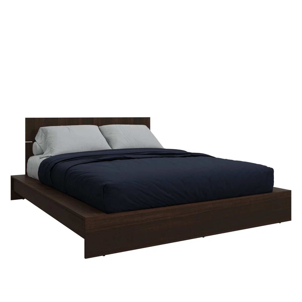 Floating platform bed with grid-pattern headboard, green bedding, and side ledge in a modern bedroom with natural light.