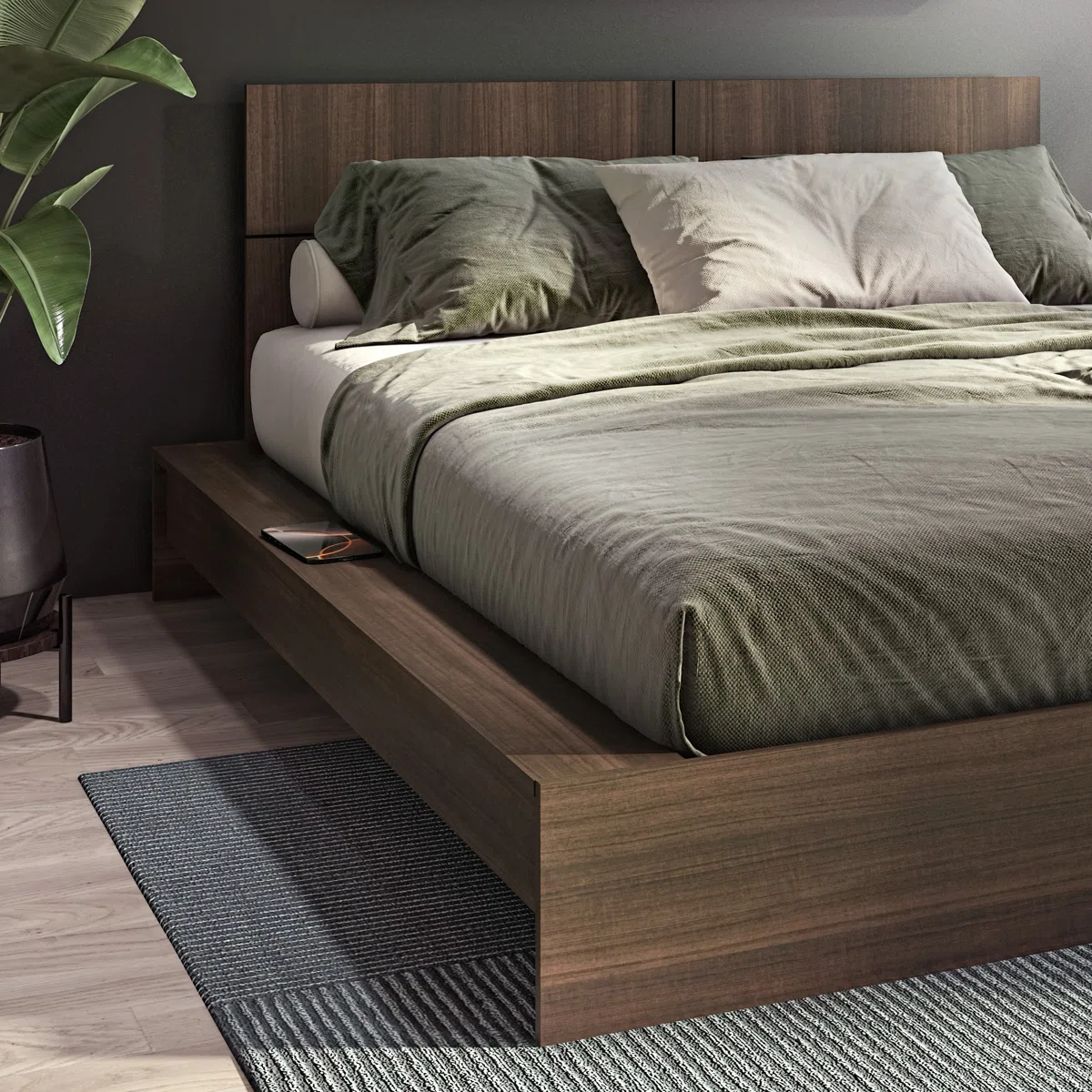 Floating platform bed with grid-pattern headboard, green bedding, and side ledge in a modern bedroom with natural light.