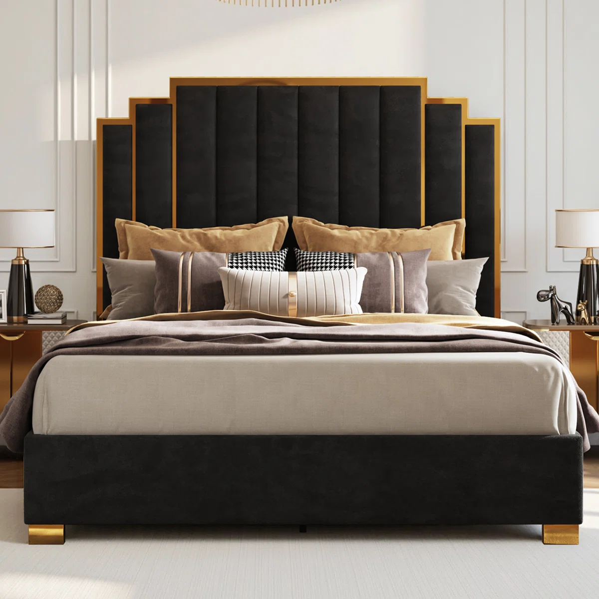 aveline black velvet king platform bed