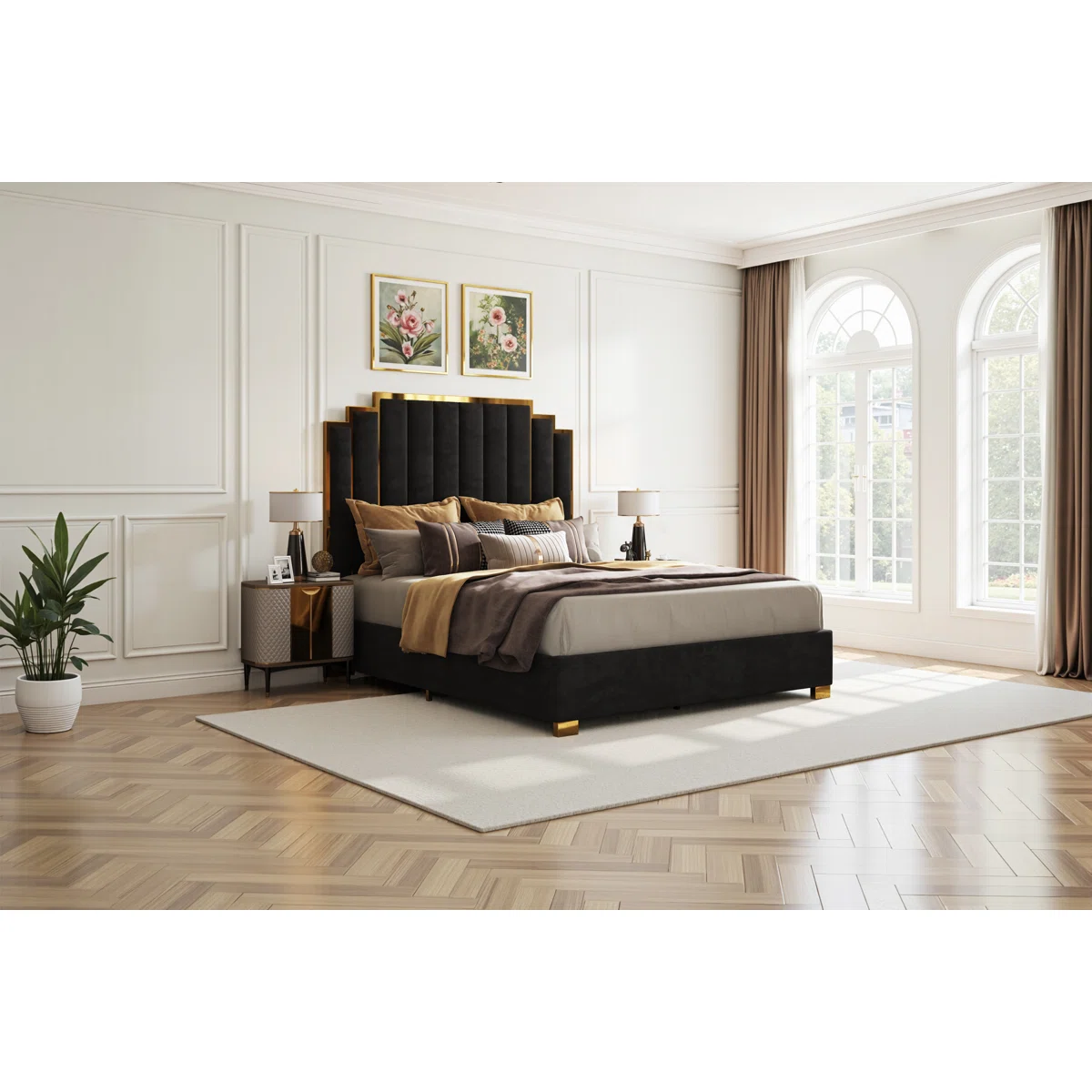 aveline black velvet king platform bed